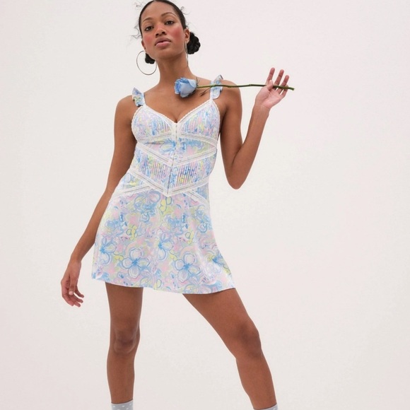 For Love & Lemons Sun Dress Sz XL Blue Floral Midsummer Flutter Straps Retro NWT - Picture 1 of 13